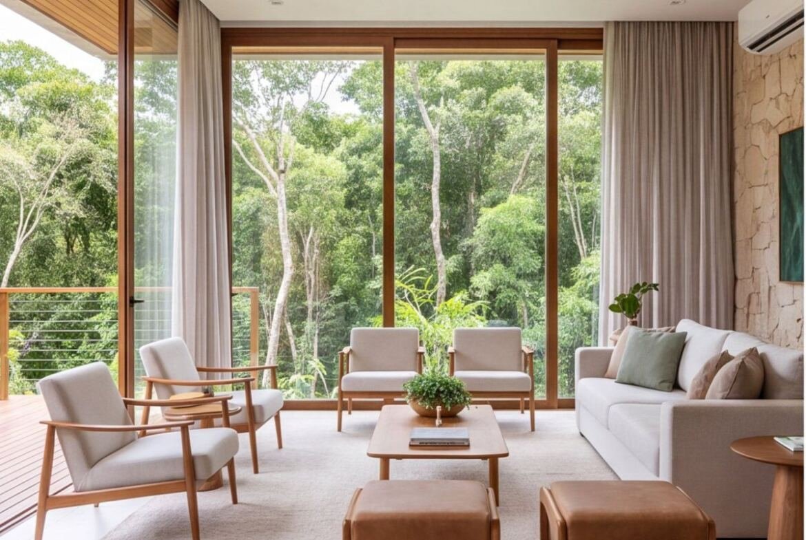 Casa na Reserva do Paiva com piscina e vista para a mata — sala